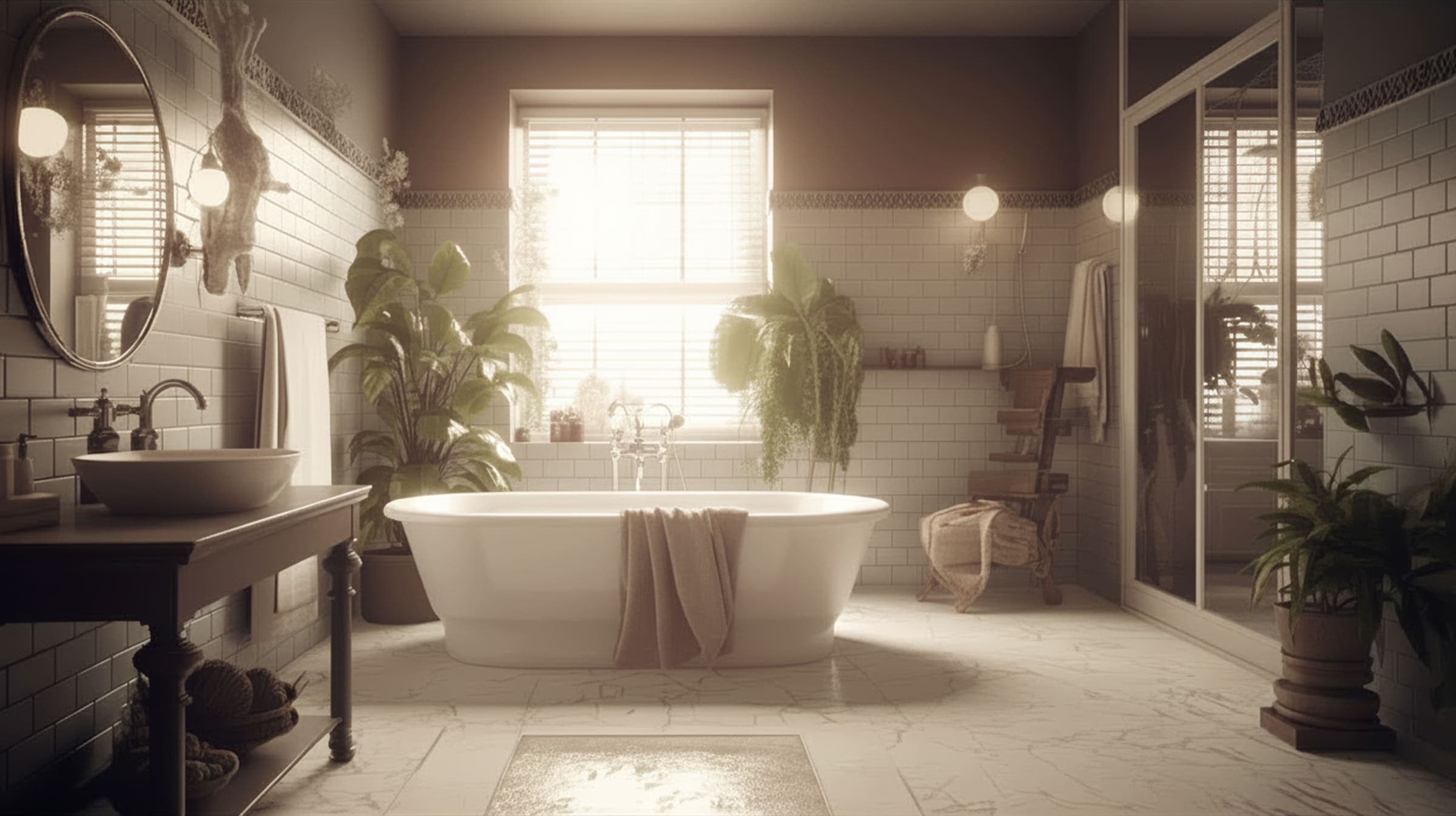 Salle de bains rénovée avec baignoire îlot et carrelage blanc.